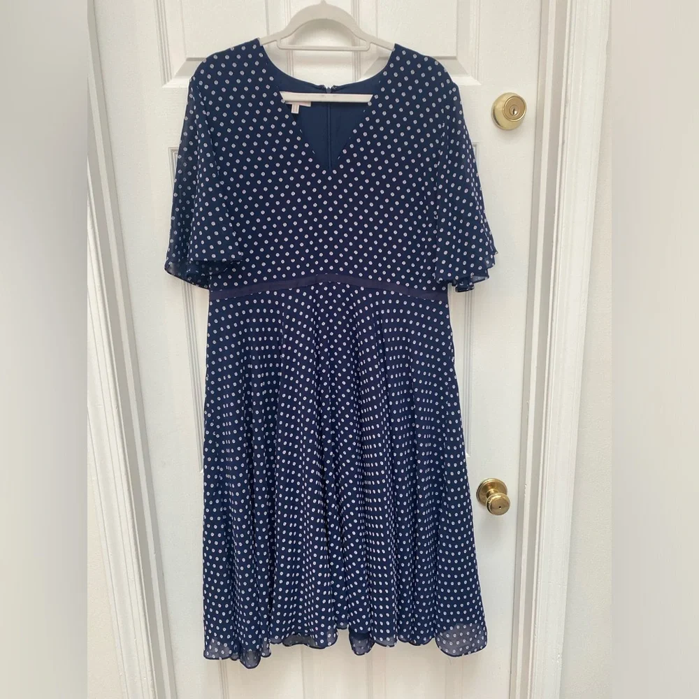 Hobbs London Spot Celia Fit & Flare Navy Polka Dot Midi Dress - size 14